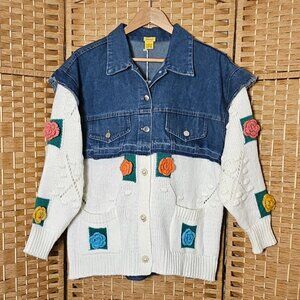 Daisy Flower Detail Layered Sweater Denim Jacket White L NWT